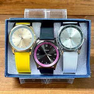 Strada Set Of 3 Japanese Movement Multi Color Silicone Strap Watches